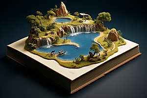 书本创意岛屿自然3D素材