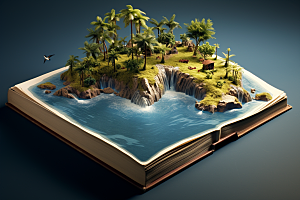 书本创意岛屿3D海岛素材