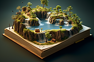 书本创意岛屿3D自然素材