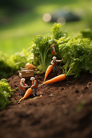 胡萝卜和微距小人春季耕种摄影图