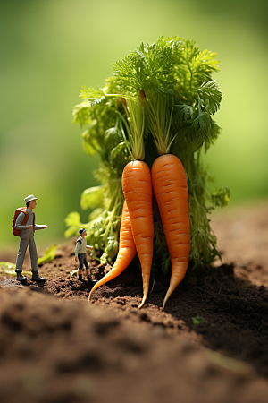 胡萝卜和微距小人创意种田摄影图