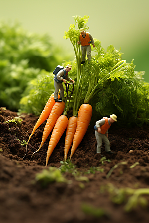 胡萝卜和微距小人耕种农民摄影图
