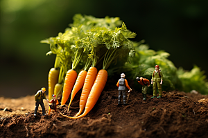 胡萝卜和微距小人种田菜地摄影图
