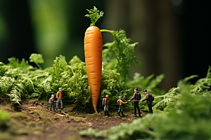 胡萝卜和微距小人春季菜地摄影图