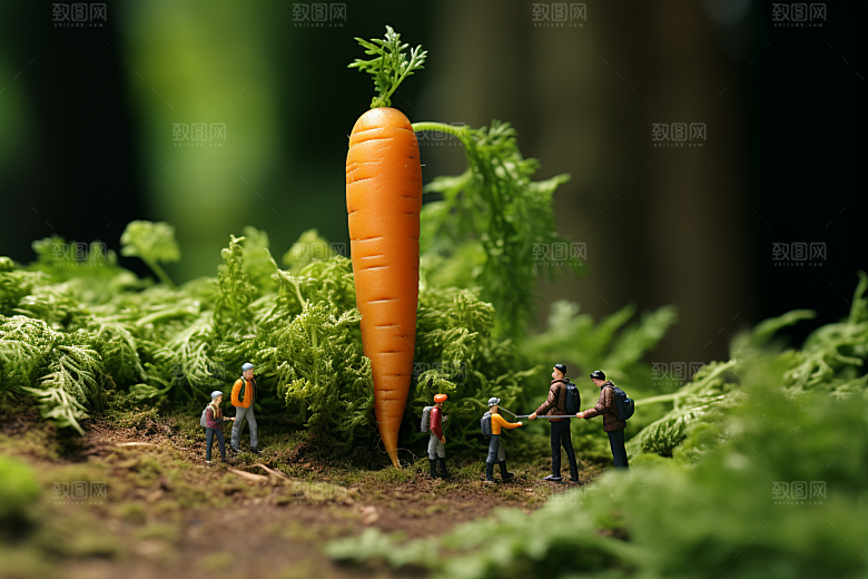 胡萝卜和微距小人春季菜地摄影图