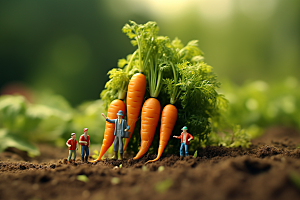 胡萝卜和微距小人农耕种田摄影图
