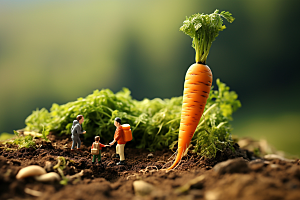 胡萝卜和微距小人农民耕种摄影图