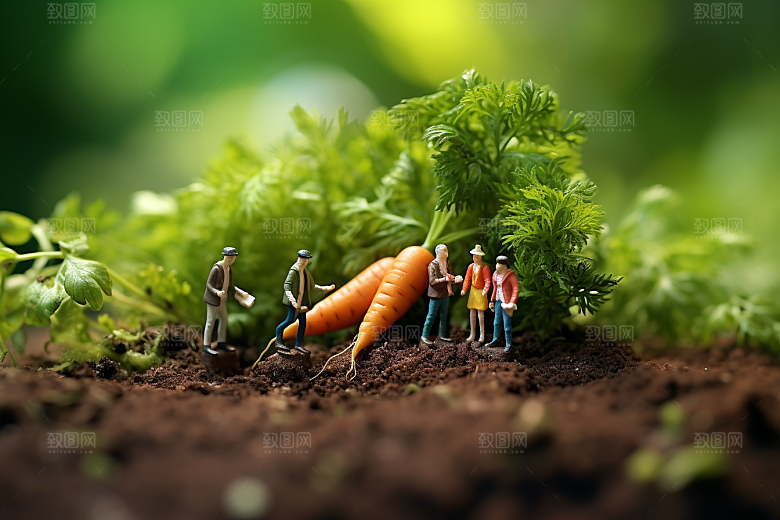 胡萝卜和微距小人春天蔬菜摄影图