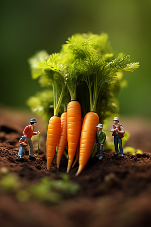 胡萝卜和微距小人农民农耕摄影图