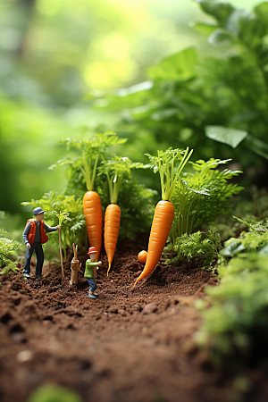 胡萝卜和微距小人种田高清摄影图