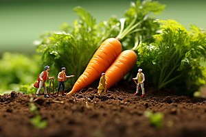 胡萝卜和微距小人蔬菜种田摄影图