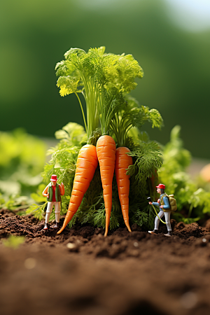 胡萝卜和微距小人耕种农耕摄影图
