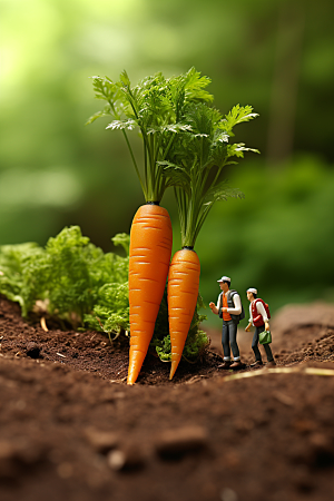胡萝卜和微距小人蔬菜农民摄影图