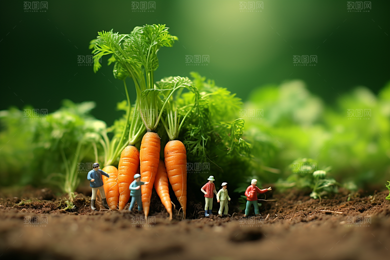 胡萝卜和微距小人耕种菜地摄影图