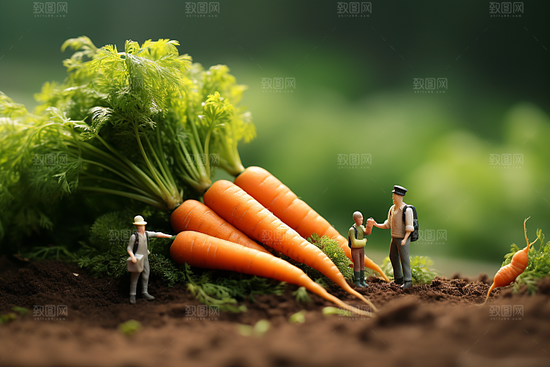 胡萝卜和微距小人种田蔬菜摄影图