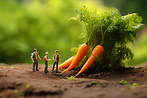 胡萝卜和微距小人农民菜地摄影图