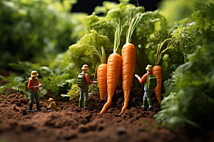 胡萝卜和微距小人耕种农民摄影图