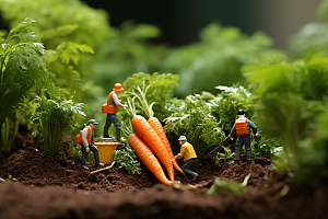 胡萝卜和微距小人农民农耕摄影图