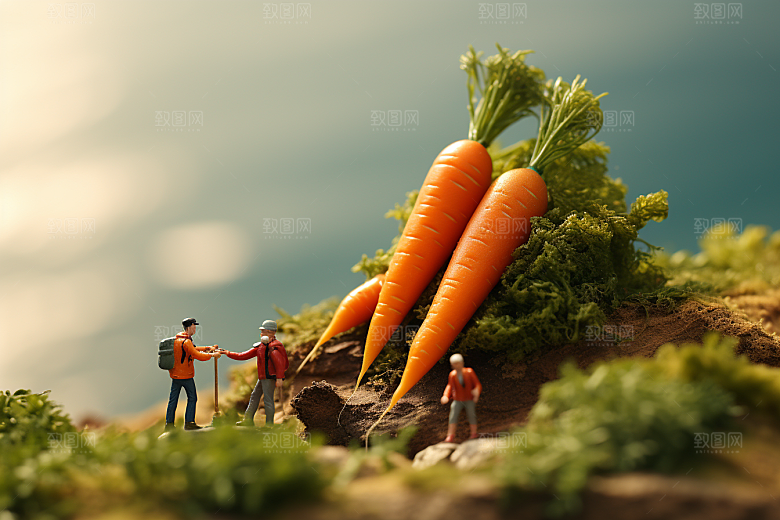 胡萝卜和微距小人种田粮食摄影图