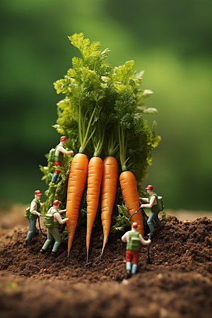 胡萝卜和微距小人农耕春天摄影图
