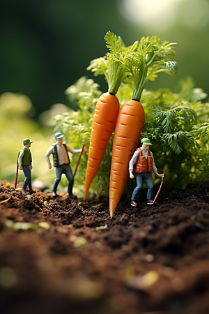 胡萝卜和微距小人农耕农民摄影图