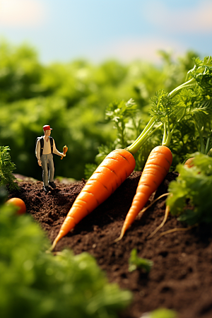 胡萝卜和微距小人蔬菜农民摄影图