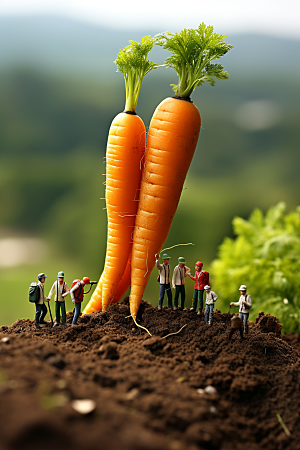 胡萝卜和微距小人农民春天摄影图