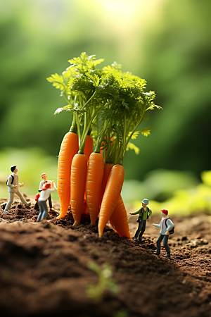 胡萝卜和微距小人农耕耕种摄影图
