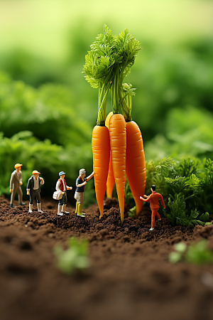胡萝卜和微距小人耕种春天摄影图