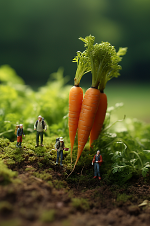 胡萝卜和微距小人种田蔬菜摄影图