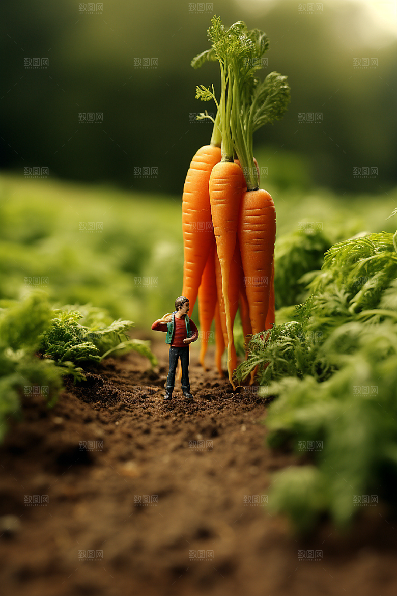 胡萝卜和微距小人蔬菜菜地摄影图