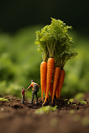 胡萝卜和微距小人耕种农耕摄影图