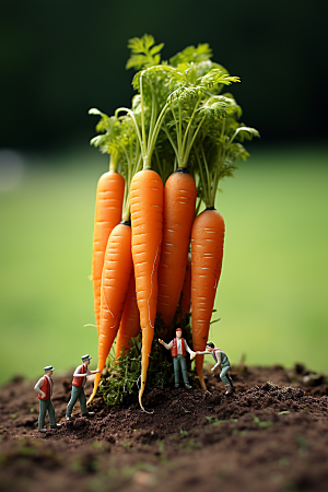 胡萝卜和微距小人春季种田摄影图