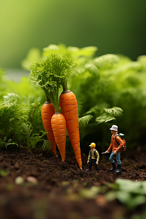 胡萝卜和微距小人春季农耕摄影图