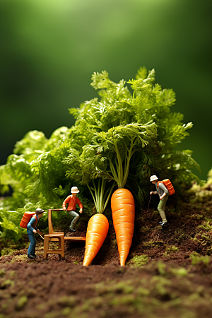 胡萝卜和微距小人春季蔬菜摄影图