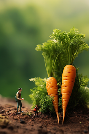 胡萝卜和微距小人农耕菜地摄影图