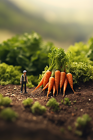 胡萝卜和微距小人农耕耕种摄影图