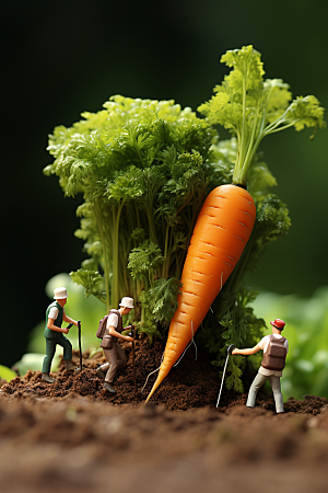 胡萝卜和微距小人创意农民摄影图