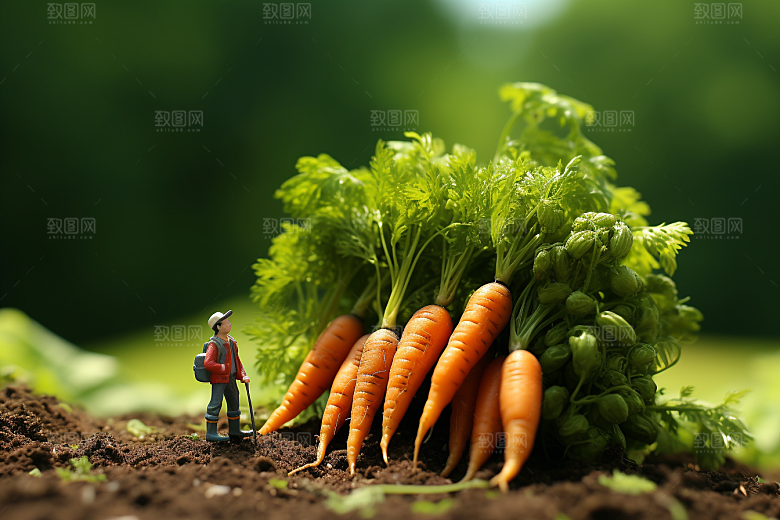 胡萝卜和微距小人菜地春天摄影图