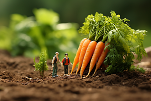 胡萝卜和微距小人菜地农民摄影图