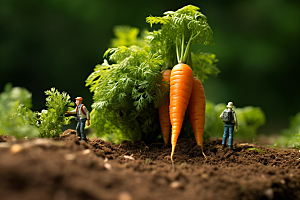 胡萝卜和微距小人农民菜地摄影图