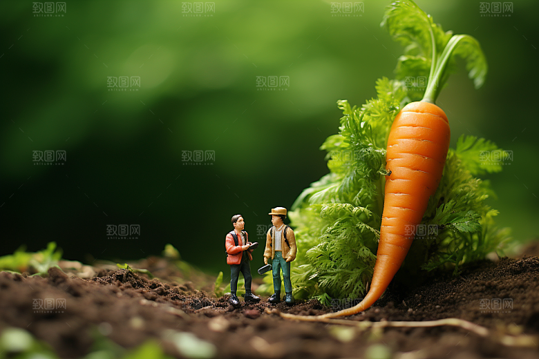 胡萝卜和微距小人耕种菜地摄影图