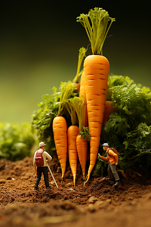 胡萝卜和微距小人农民种田摄影图