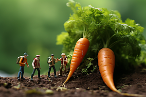 胡萝卜和微距小人耕种粮食摄影图