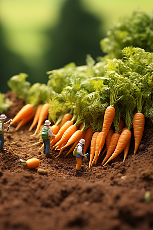 胡萝卜和微距小人蔬菜耕种摄影图