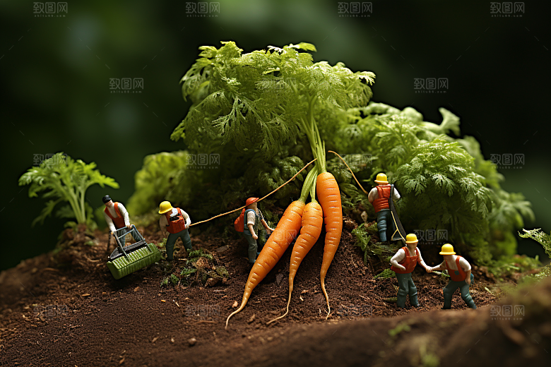 胡萝卜和微距小人创意菜地摄影图