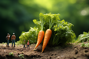 胡萝卜和微距小人耕种蔬菜摄影图