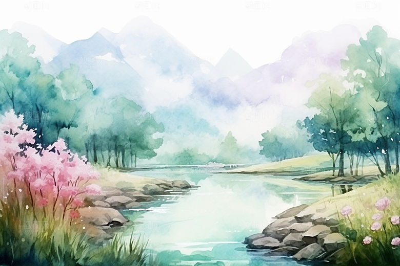 水彩山水风光唯美风光背景图