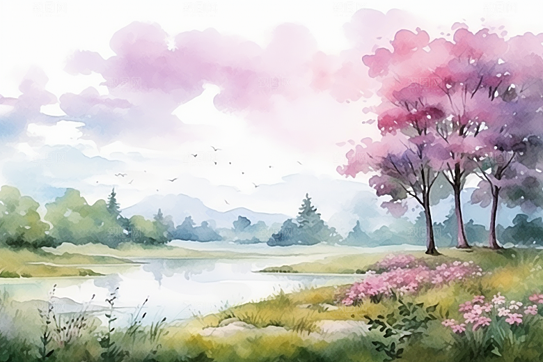 水彩山水风光高清水彩画背景图