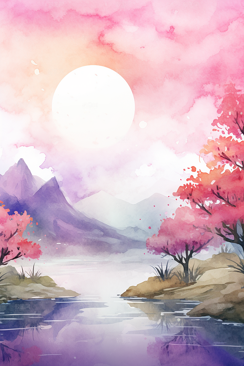 水彩山水风光手绘风光背景图